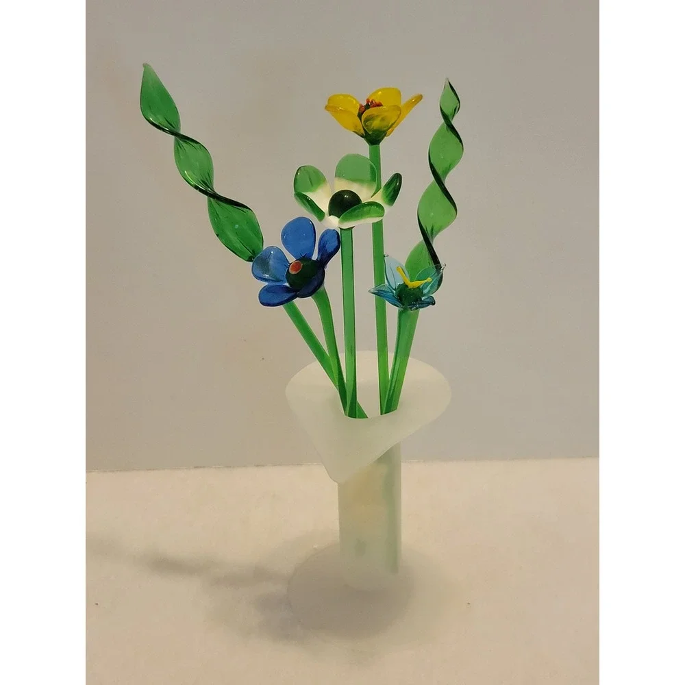 Avon Glass Floral Arrangement Bouquet Frosted Vase Art Glass Multicolor